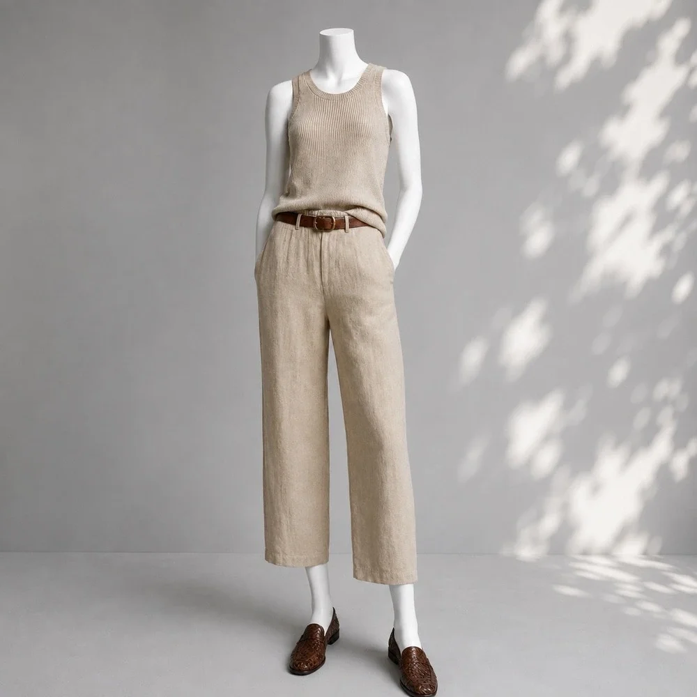 Quince 100% European Linen Pants M Driftwood Beige Wide Leg Cropped Coastal